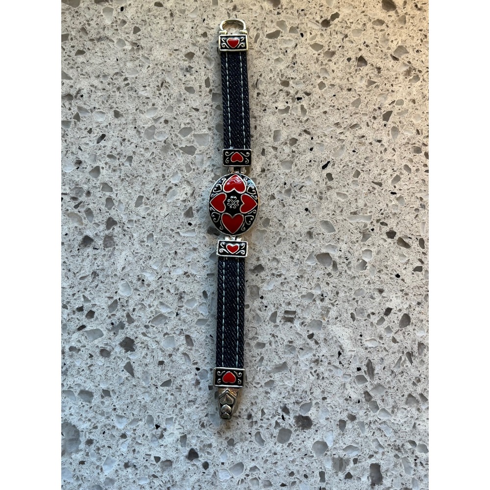 Red Enamel Heart Denim Bracelet Silver Tone Western Y2K Style